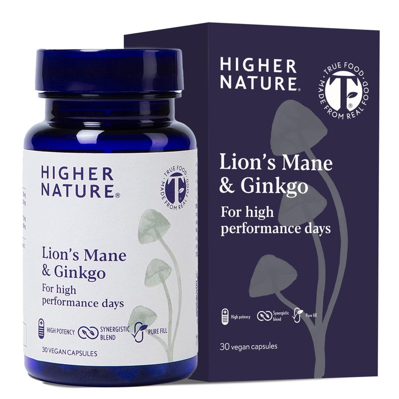 Higher Nature - Lion's Mane & Ginkgo - for High Performance Days - High Strength Ginkgo Biloba 6000mg & Lion's Mane Mushroom 3000mg - Vegan Formula - 30 Capsules - Image 1